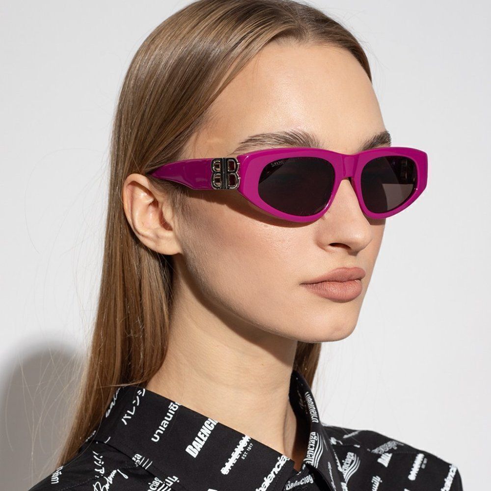 NEW Balenciaga BB0095S 017 Fuchsia Pink Silver Logo Grey Cat Eye Unisex Sunglass - Picture 4 of 13